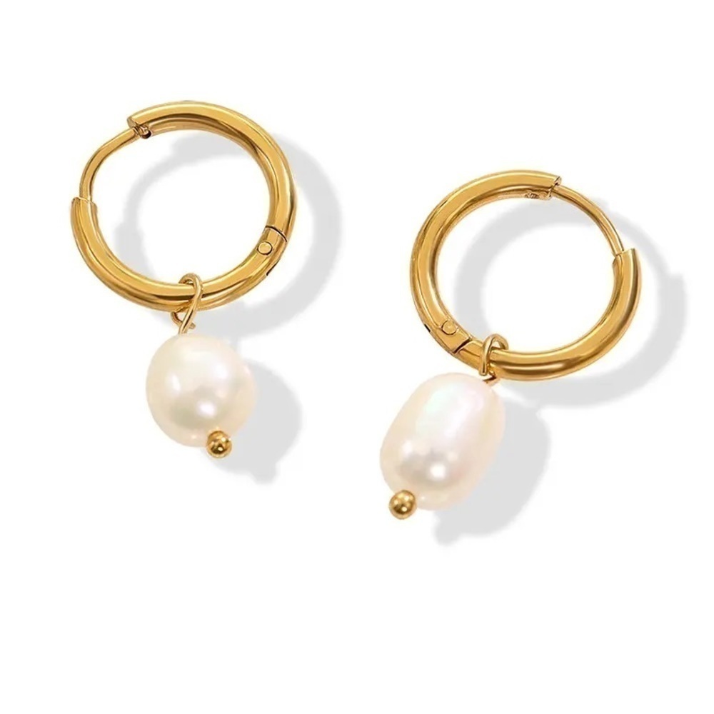 BRAND New 18K Gold Plated Steel Dangle Drop Hoop Pearl Earrings - Picture 2 of 3